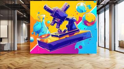 Illustration of a vibrant cartoon laboratory microscope icon in a comic style design serving as a pictogram symbolizing science and discovery in chemistry with a dynamic splash effect for bu Wall mural