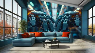 In the future, robots or cyborgs with artificial intelligence will control manipulator arms on factories and manufacturing plants. Industry 4.0. Robotics and technology are the future. Abstract HUD. A Wall mural