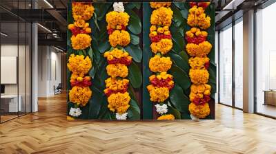 Indian flower door garland of mango leaves and marigold flowers for marriage and festivals traditional : Generative AI Wall mural