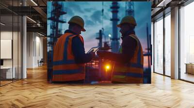 interaction between Foreman and electrician on large Construction site, blue hour, foreman holds Ipad, facing camera, on film. Wall mural