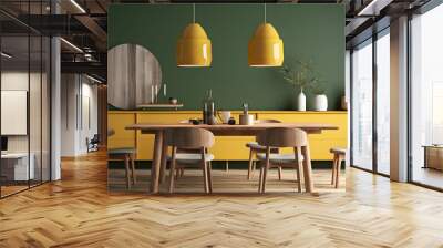 Interior design of modern dining room, wooden table and yellow chairs against green wall with sideboard. Wall mural