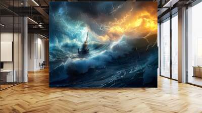 Jesus calming the storm with a futuristic ship glowing waves Wall mural