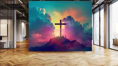 Jesus cross symbol on colorful clouds background. Generative AI colorful clouds background with Christian cross in the middle. Christian religion Cross on spiritual background. Wall mural