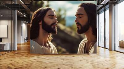 Jesus standing beside a person with closed eyes, taking a deep breath and focusing on God, feeling the divine presence beside Wall mural