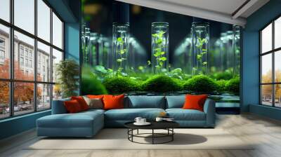 laboratory test tube biology science genetically modified plants sapling green plant in water structure of reproduction of organisms moss and fungi abstract concept background. Generative Ai. Wall mural