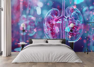 Light 3d futuristic glass model of human kidneys, nephrology healthcare concept. Scientific research. Generative AI Wall mural