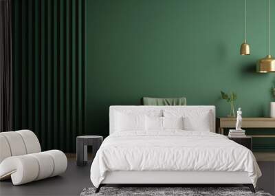 Living room with green armchair on empty dark green wall background. Wall mural