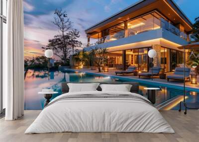 Luxury villa with large pool and outdoor seating area at twilight Wall mural