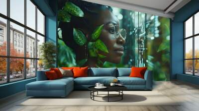 Medium shot of a Black businesswoman analyzing a sustainable business model, with green leaves and digital screens merging Wall mural