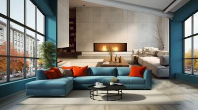 Minimalist style interior design of modern living room with fireplace and concrete walls. Created with generative Wall mural