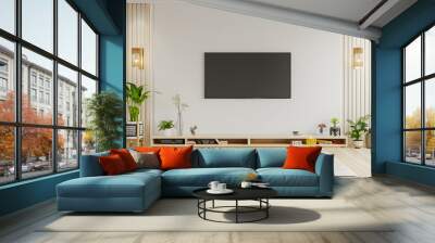 Mockup a TV wall mounted with decoration in living room and white wall. Wall mural