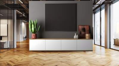 Mockup frame on cabinet in living room interior on empty dark wall background. Wall mural