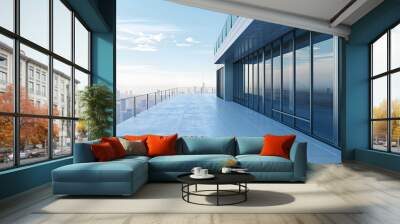 Modern building balcony with expansive blue flooring and skyline view. Architectural minimalism. 3D Rendering Wall mural