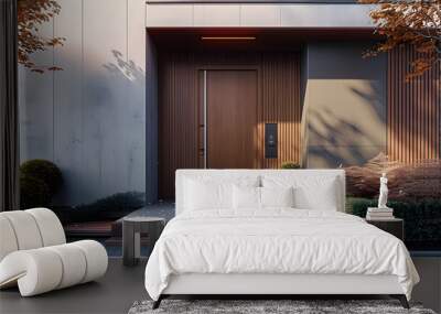 Modern entrance door with wood effect, Wall covering. Generative AI Wall mural