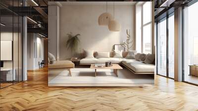 Modern interior japandi style design livingroom. Lighting and sunny scandinavian apartment with plaster and wood. 3d render illustration. Wall mural