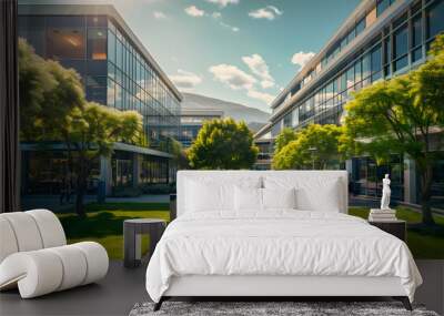 Modern university buildings. Futuristic school. Modern academy. College campus. Glass buildings. Eco-friendly university with green park. Business center Wall mural