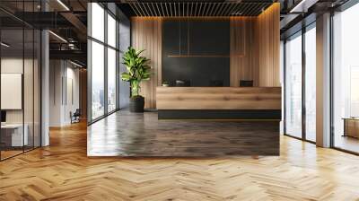 Modern wooden and dark concrete office with panoramic window and city view, reception desk and decorative plant. Lobby concept. 3D Rendering. Wall mural