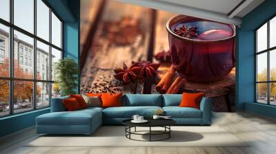 Mulled wine in a cup on a rustic wooden surface with room for a copy space image. Wall mural