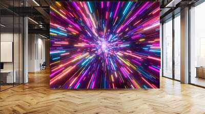 Neon lines converging in a psychedelic explosion of color 3d style isolated flying objects memphis style 3d render AI generated illustration Wall mural