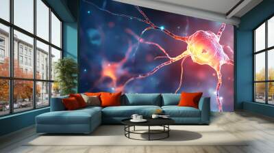 Neurons and nervous system. Nerve cells background with copy space (3d microbiology render banner) Wall mural