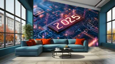 new year 2025 digital background with futuristic circuit board structure Wall mural