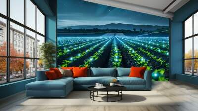 Nighttime view of smart farm with digital grid overlay enhancing crop rows. Concept Smart Farming, Digital Grid, Nighttime View, Crop Rows, Technology Integration Wall mural