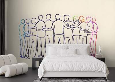 One line drawing of business people standing in a huddle with their arms around each other A simple, minimalistic flat style cartoon hand drawn doodle with thick lines Generative AI Wall mural