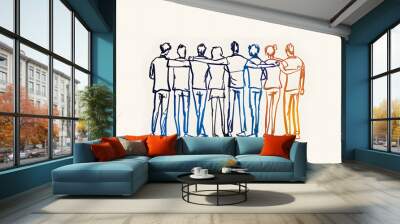 One line drawing of business people standing in a huddle with their arms around each other A simple, minimalistic flat style cartoon hand drawn doodle with thick lines Generative AI Wall mural