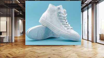 One pair of white sneakers, standing, slightly tilted, platform, e-commerce design Wall mural