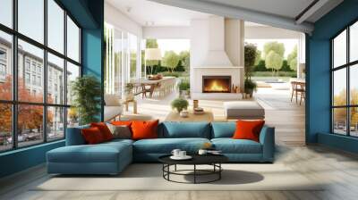 Open plan living room with white kitchen. Cozy patio with a fireplace Wall mural