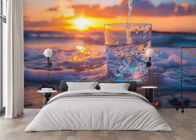 Organic pure fresh natural water. Healthy refreshing drink. A glass of pouring crystal mineral drinking aqua water on blurred nature beach sea ocean sunset sunrise landscape background Wall mural