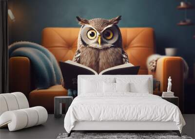 owl reading book on sofa, learning and knowladge concept,  Wall mural