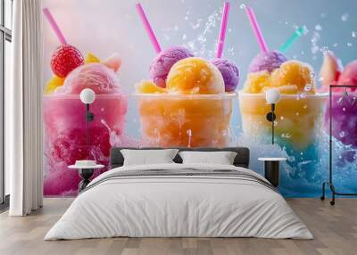 Panoramic still life of ice cream slush frozen colorful frozen fruit granita drinks flowing into takeaway plastic cups with ice cream straws flavor taste : Generative AI Wall mural