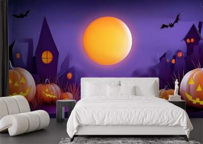 Paper Graphic of Happy Halloween fun party celebration background design. Halloween elements. Wide copy space for design. Wall mural