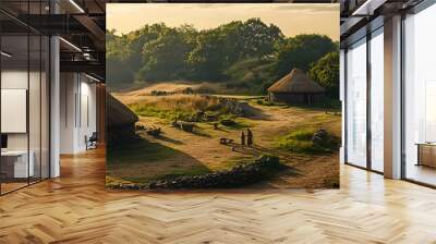 People are seen participating in daily activities within a reconstructed Neolithic village featuring thatched huts and stone tools, set against a lush rural backdrop Wall mural