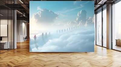 people walking to the light in heaven. Standing in a row waiting to go to heaven in white clouds. Christian prayers are in queue praying to the Jesus. Believe Wall mural