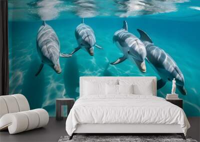 Photo of four dolphins swimming gracefully through turquoise waters. The water is so clear that the bodies of the dolphins are visible from above the surface Ai Generated Wall mural