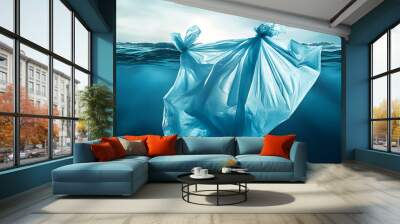 plastic bag floating on the ocean surface, AI generated Wall mural