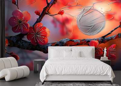 plum flower branch blossom against sunset in spring summer ,oil painting style illustration Wall mural