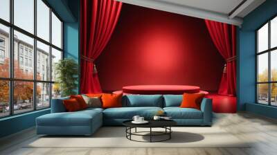 Podium red background and fabric curtain with spotlight luxury, product display stage concept Wall mural