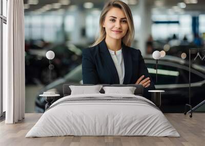 Professional luxury car saleswoman in luxury showroom. Auto dealership office. Car dealer business. Smiling woman in showroom. Expensive car. Automotive industry. Luxury car agent. Wall mural