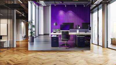 Purple office coworking interior with table and pc monitors, drawer and window Wall mural