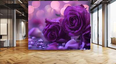 purple roses and purple hearts on purple background with bokeh lights, love wallpaper, purple flowers, purple valentine's day design, purple rose background. Wall mural