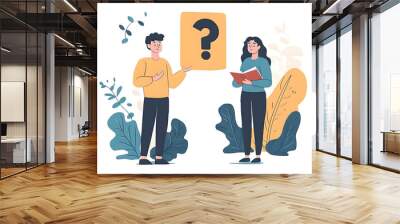 Question marks held by two people, white background, thick lines and shapes, low details Stock Illustration Wall mural