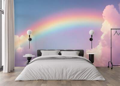 rainbow with many clouds and sky light pink blue green yellows and purples from the sun, Wall mural