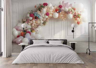 realistic spring floral balloon wall, white floor, neutral colors Wall mural