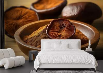 Reishi Mushroom powder in wooden bowl Wall mural