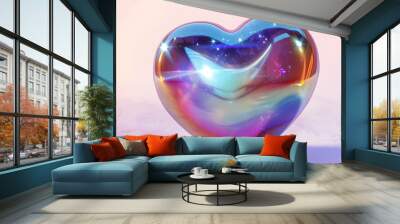 Render of 3d iridescent chrome heart emoji with rainbow gradient effect. 3d modern y2k illustration. Holographic heart icon, like galaxy planet with stars. Wall mural