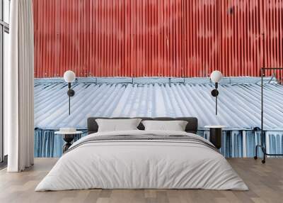 Roof made of corrugated metal board with snow guards in top view Wall mural