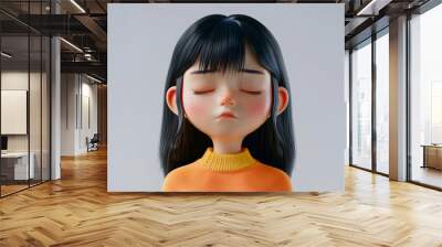 Sad upset disappointed depressed Asian cartoon character girl young woman female person with closed eyes in 3d style design on light background. Human people feelings expression concept Wall mural